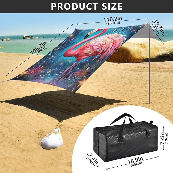 ALAZA Exotic Flamingo Stars Beach Tent Sun Shelter Portable Canopy Sunshade for Outdoor Camping Picnics Backyard Fun 10x9 ft