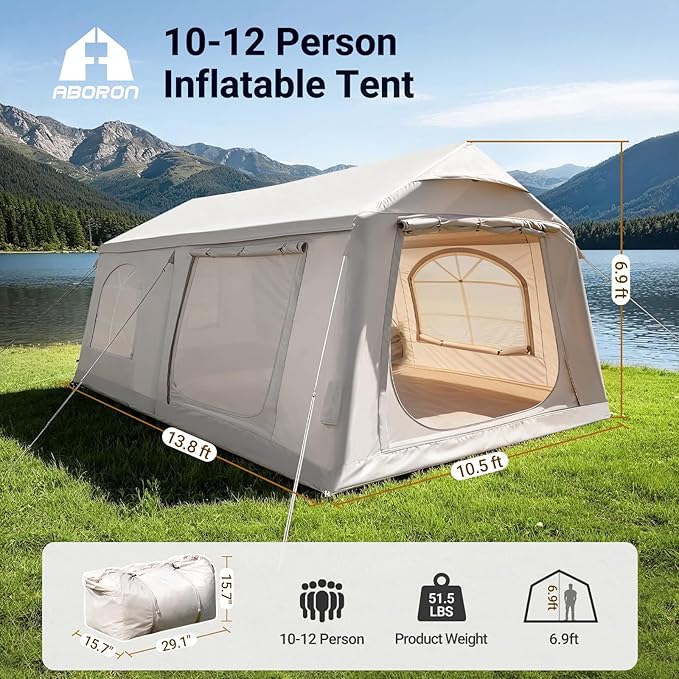 ABORON 2/6/8/10/12 Person Inflatable Camping Tent Easy Setup Blow Up Tent with Hand Pump PU3000mm Waterproof &amp Breathable 4 Season Glamping Tent for Outdoor Camping