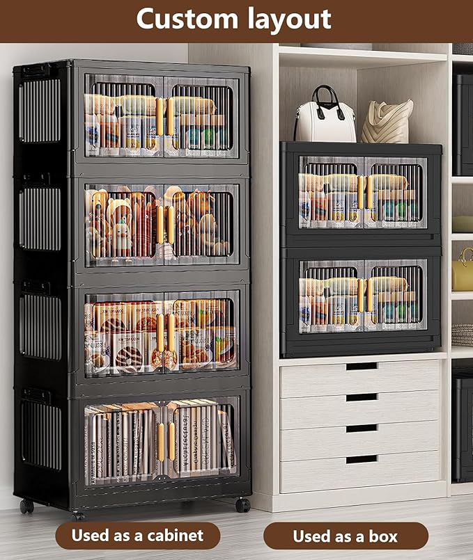 4-Tier Stackable Storage Bins with LidFoldable Plastic Drawer Storage with WheelsCloset Organizers and Storage for Living Room Office Dorm