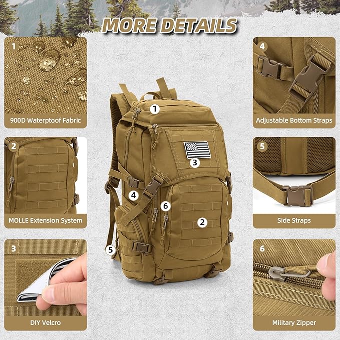 35L Military Tactical Backpack for MenWater Resistant Assault Pack for WomenKhaki Molle Daypack 3 Day Bug Out Bag Rucksack for Trekking CampingSurvivalEDC