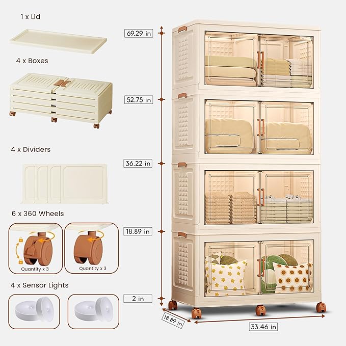 FINCHESCLUB Stackable Storage Bins 752QT Foldable Collapsible Stackable Storage Bins with Doors and Wheels Extra Large Stackable Closet Storage 4 Pack
