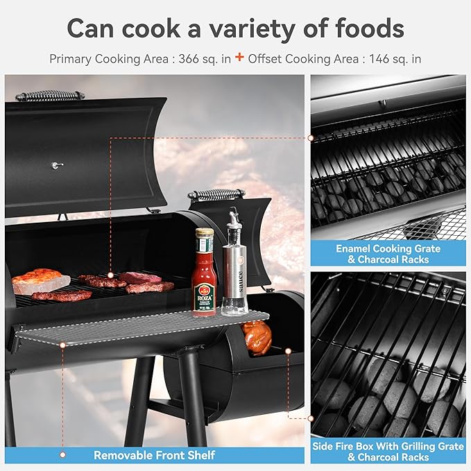 GREEN PARTY Offset Smoker Charcoal Grills with 28 Inch Cook Chamber Barrel Smoker and Charcoal Grill Combo 512 Sq. In. Space Barrel Smoker Grill for Outdoor BBQ Patio Backyard Cooking