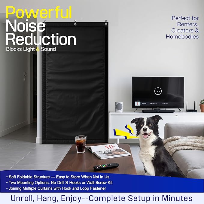 JaneTech Soundproof Curtain 82.6 x 47.2 Heavy Duty Sound Dampening Curtain with Grommets &amp Wall Hooks Multi-Layer Acoustic Curtain for Noise Reduction &amp Light Blocking Black Single Curta