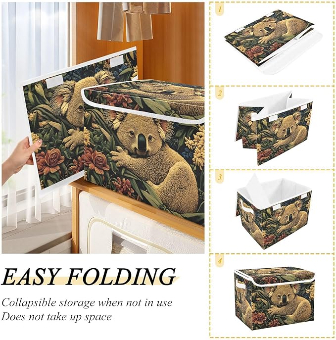 Storage Cube with Lid Art Koala Floral Print 16.5×12.6×11.8 IN Collapsible Large Capacity Foldable Storage Basket Bin Organizer