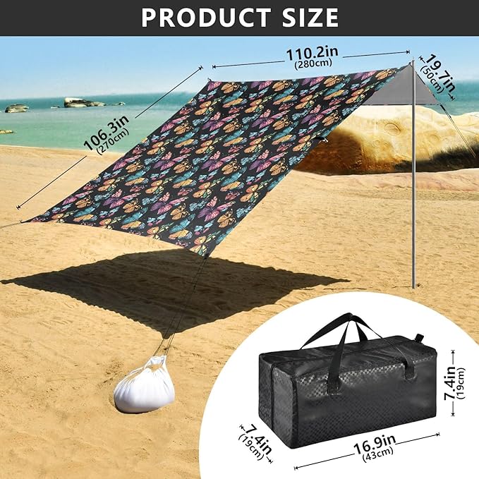 ALAZA Colorful Butterfly Beach Tent Sun Shelter UPF50+ Protection Beach Shade Canopy w/ 4 Sandbags for Outdoor Camping Fishing Backyard Fun Picnic 10x9 ft