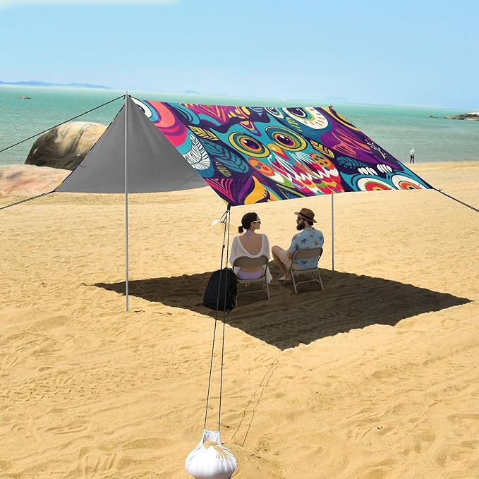 ALAZA Colorful Cute Owl Cartoon Beach Tent Sun Shelter Portable Canopy Sunshade for Outdoor Camping Picnics Backyard Fun 10x9 ft