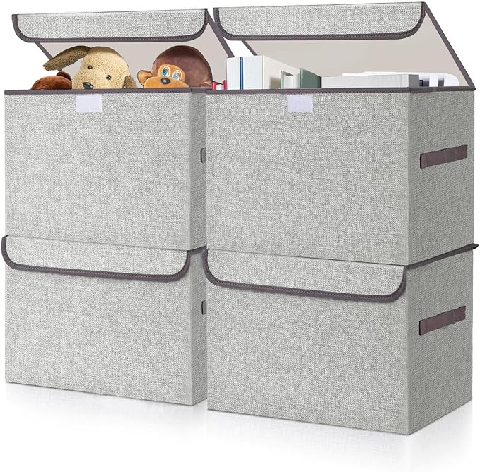 Bagnizer Linen Fabric Foldable Storage Cube Bin Organizer Basket with Flip-Top Lid &amp Handles Large Clothes Blanket Box for Home Office Closet Light Gray 4 Pack 14.6 x 9.5 x 9.5”