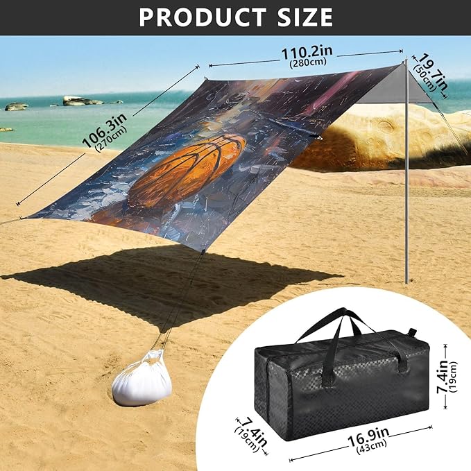 ALAZA Basketball Painting Art Beach Tent Sun Shelter UPF50+ Protection Beach Shade Canopy w/ 4 Sandbags for Outdoor Camping Fishing Backyard Fun Picnic 10x9 ft