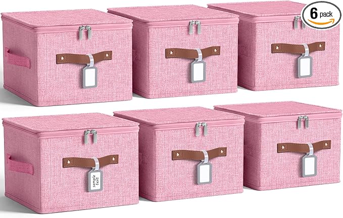 6 Pack Fabric Closet Storage Bins with Zipper Lids and Label 10×8×7In Large Size Foldable Cotton Linen Storage Cubes Boxes with PU Leather Handles Holders for Bedroom Nursery Pink