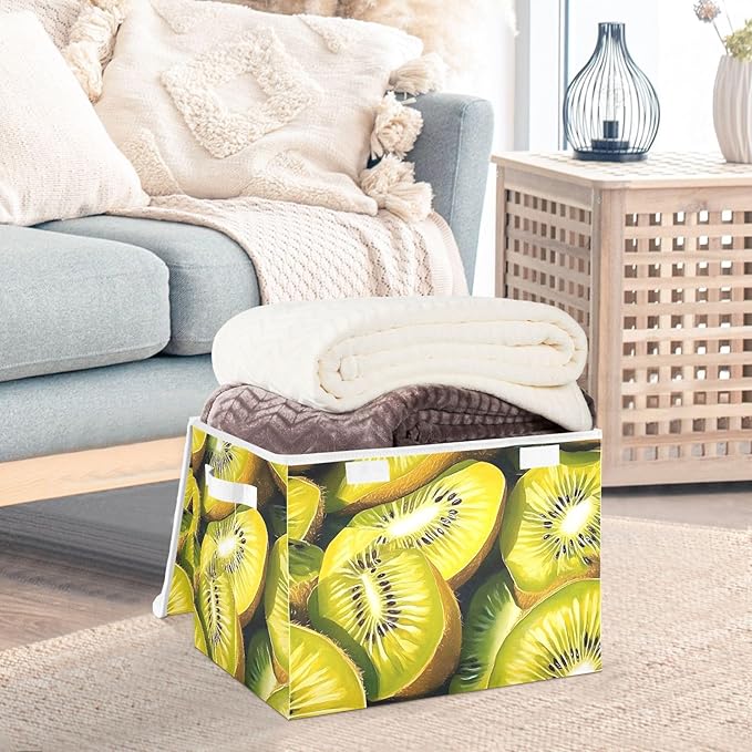 Vintage Kiwi Fruits Storage Cube Bins Basket with Lid Collapsible Flip-top Fabric with Handle for Home Bedroom Closet Office 16.5×12.6×11.8 in