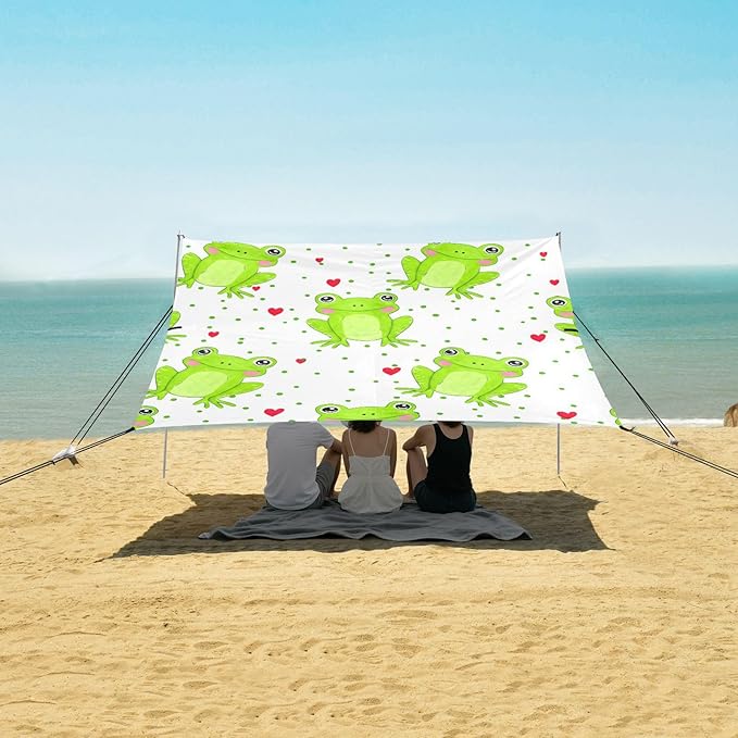 Beach Canopy with Windproof Ropes &amp Sandbags Beach Tent Sun Shade Sun Shelter for Camping Trips Fishing Backyard Fun or Picnics Frog