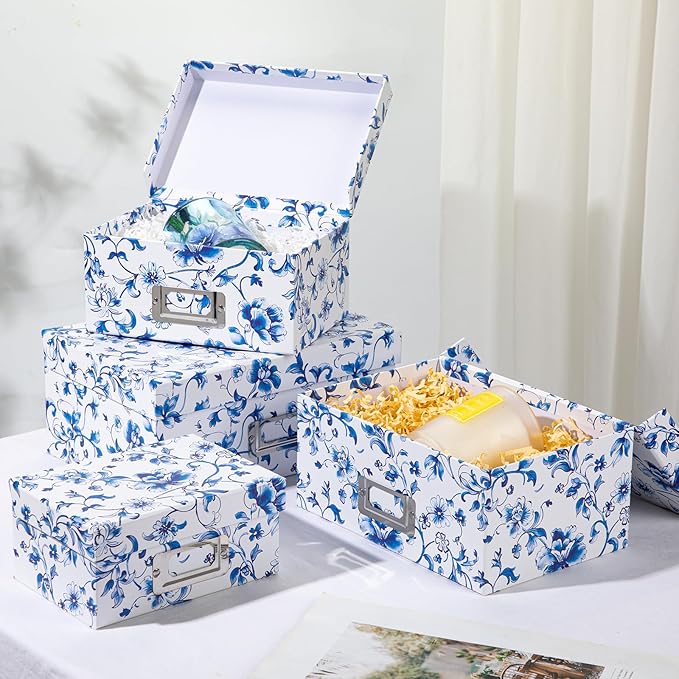 Briful Blue and White Porcelain Storage Boxes with Lids Set of 4 – Chinoiserie Nested Card Photo Storage Box Organizer Decorative Paperboard Box for Closet Office GiftsCosmeticBooks