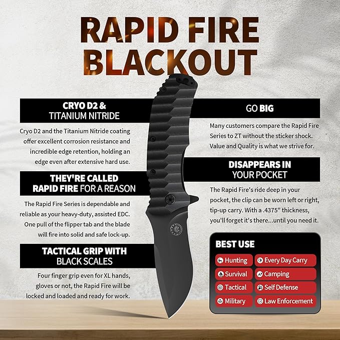 Off-Grid Knives - Rapid Fire Blackout - Large Folding Knife for Camping &amp EDC Cryogenic D2 Blade Steel Titanium Nitride Coating with G10 Scales &amp Deep Carry Clip