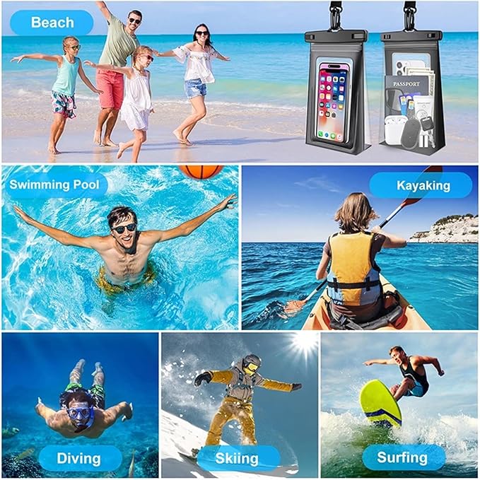 Dry Bags IPX8 Waterproof Phone Pouch with Adjustable Lanyard Large Capacity Transparent for Swimming Hiking &amp Boating(Black+White)