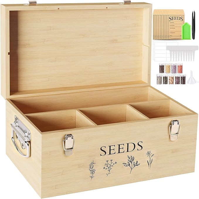 Bamboo Seed Storage Organizer Large Garden Seed Organizer with Lid &amp Safety Lock &amp Handles Seed Box Storage Organizer Includes Seed Envelopes and Labels etc Great Gifts Gardening Kit (Wood)