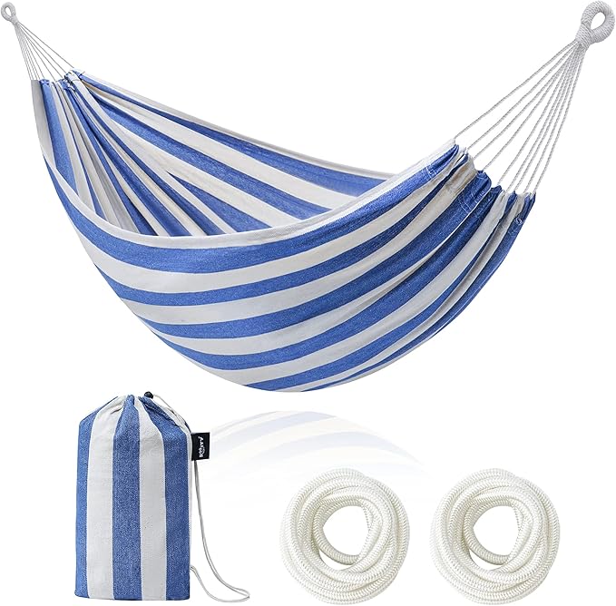 Double Hammock Brazilian Hammocks with Portable Carrying BagSoft Cotton Fabric Up to 450 Lbs Hanging for PatioTreesGardenBackyardPorchOutdoor and Indoor XXX-Large Stripe (Blue-White)