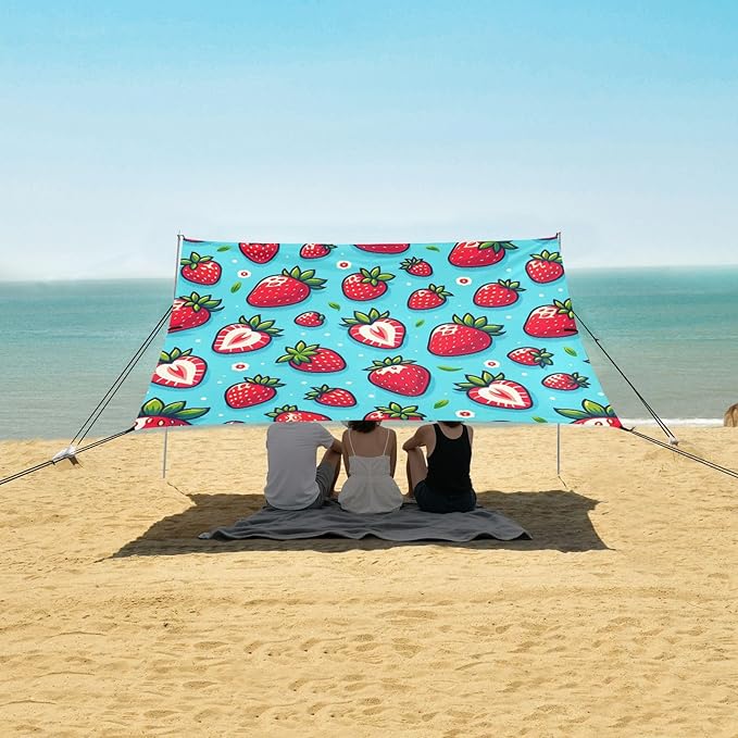 Cute Strawberry Red Blue Beach Tent Sun Shelter Set UPF50+ UV Protection 10.5 x 9.19 FT Camping Shade Canopy with Sandbags Sand Anchors Carrying Bag and Others