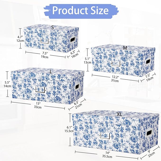 Briful Set of 4 Blue and White Storage Boxes with Lids – Photo Boxes Elegant Floral Nesting Organizer Bins 14''/13''/12.2''/7.5'' Set Decorative Cardboard Gift Boxes for Home or Office Use