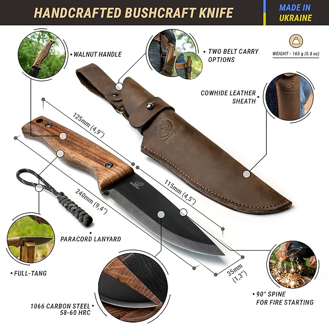 BeaverCraft Bushcraft Knife Full Tang with Leather Sheath – Bush Knife Carbon Steel for Camping – Survival Outdoor Knives Fixed Blade BSH3 Nightfall - Bushcraft Gear Tools