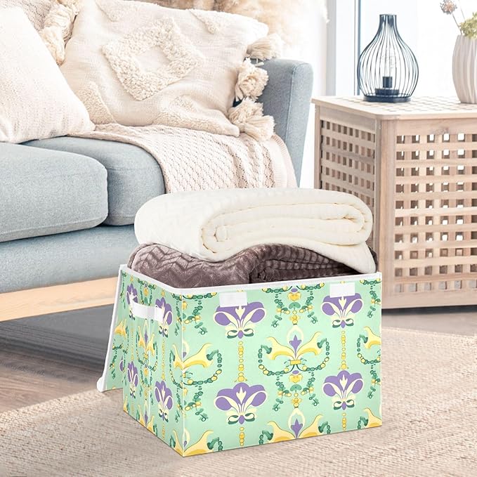 Mardi Gras Storage Baskets with Lids Collapsible Bins Stackable Fabric Linen Baskets Closet Organizer Container for Decorations 16.5x12.6x11.8