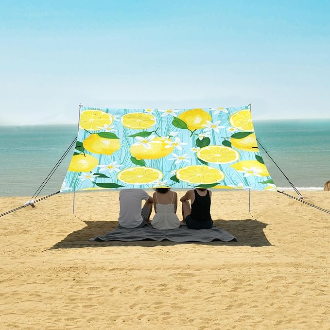 Beach Canopy with Windproof Ropes &amp Sandbags Beach Tent Sun Shade Sun Shelter for Camping Trips Fishing Backyard Fun or Picnics Lemon