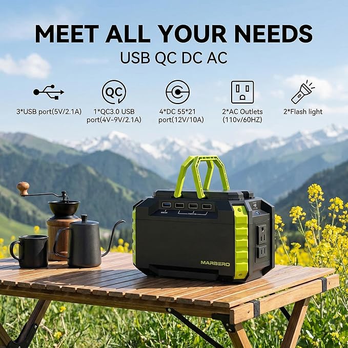 MARBERO Portable Power Station 150Wh Camping Solar Generator Laptop Charger Power Bank with AC Outlet 110V 150W Peak with 4*USB 4*DC Ports LED Flashlights for CPAP Home Camping Hurricane Emergency