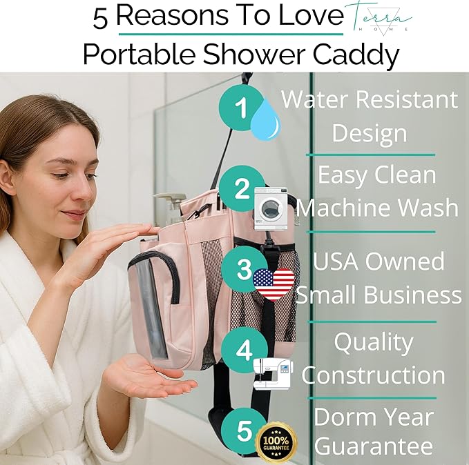 TERRA HOME XL Portable Shower Caddy Bag for Girls with Extra Storage Durable Mesh Bottom Shoulder Strap Keychain Holder Shower Caddy Case for College Dorms - Travel Vacation Essentials (Blush Pink)