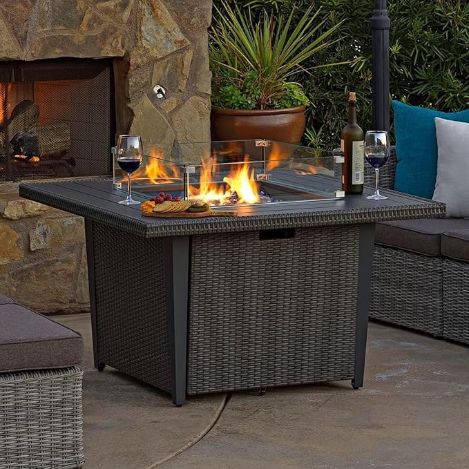 42 Inch Propane Gas Fire Pit Table 50000 BTU Square Aluminum Outdoor Fireplace with CSA Certification Lid Glass Wind Guard &amp Waterproof Cover Gray Rattan 2-in-1 Fire Table for Patio Garden