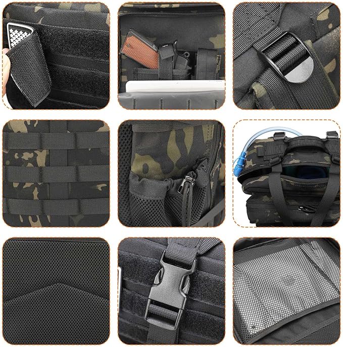 Tactical Backpack for Men Military Backpacks with Gun Holster Bug Out Bag 3 Day Assault Pack Large Molle Gun Backpack Pistol Bag of Handgun Black Camo