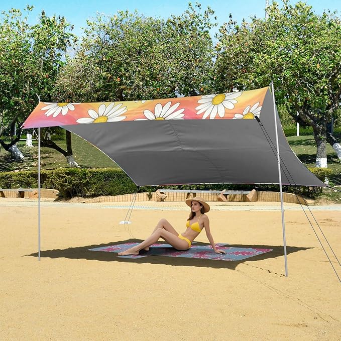 xigua Daisy Beach Tent Sun Shelter with Carrying Bag - Silver Coated Oxford Fabric Beach Canopy for Beach Camping Fishing - Includes Windproof Ropes Sandbags &amp Stakes