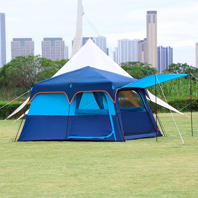 KTT Extra Large Tent 6-10-12-14 Person(A)Family Cabin Tents2 Rooms3 Doors and 3 Windows with MeshStraight WallWaterproofDouble LayerBig Tent for OutdoorPicnicCampingFamily Gathering