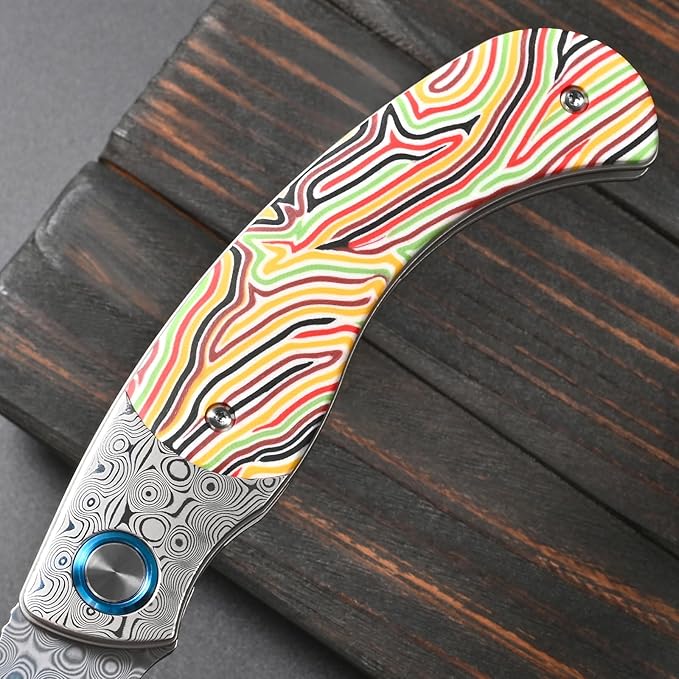 Sitivien ST270 Folding Knife Damascus Steel Blade Colorful G10 &amp Damascus Handle with Ball Bearing for Men Women Outdoor Camping Hiking Fishing(Yellow)