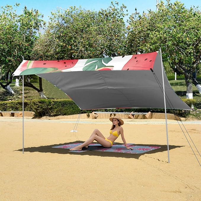 ALAZA Watermelon Tropical Leave Pattern Beach Tent Sun Shelter Portable Canopy Sunshade for Outdoor Camping Picnics Backyard Fun 10x9 ft