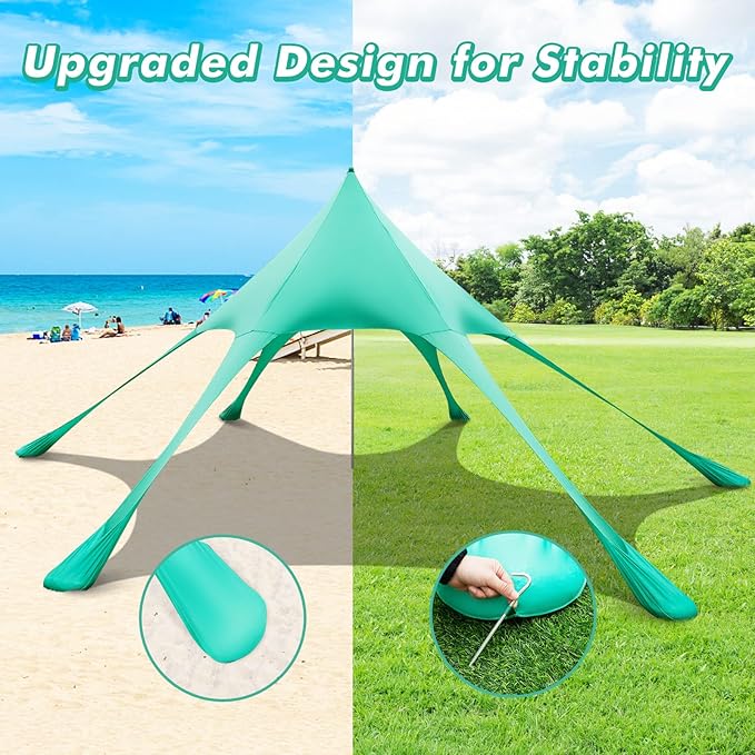 HAPPYGRILL Beach Canopy Sun Shelter with Aluminum Pole 20 FT x 20 FT UPF 50+ Pop Up Tent with Sandbag Tent Pegs Sand Shovel Carry Bag Portable Outdoor Sunshade for Camping Sport Events Picnic
