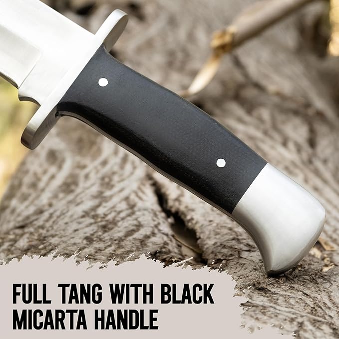 D2 13 Inch Full Tang Fixed Blade Bowie Knife with Leather Sheath - Suitable for Outdoor Bushcraft Survival and Camping Knife with Black Micarta Handle
