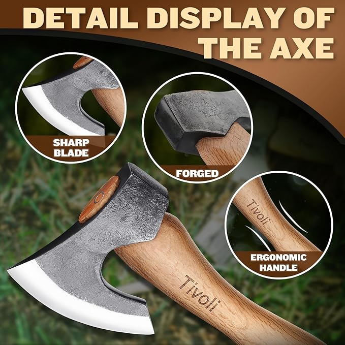 Tivoli 15 Inch Camping Axes and Hatchets Bushcraft Axe for Wood Splitting and KindlingHand Forged Carbon Steel Chopping Axes Ash Wood Handle with Sheath for Camping and Survival