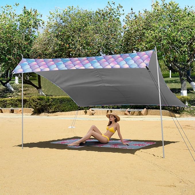 ALAZA Rainbow Mermaid Scale Beach Tent Sun Shelter UPF50+ Protection Beach Shade Canopy w/ 4 Sandbags for Outdoor Camping Fishing Backyard Fun Picnic 10x9 ft