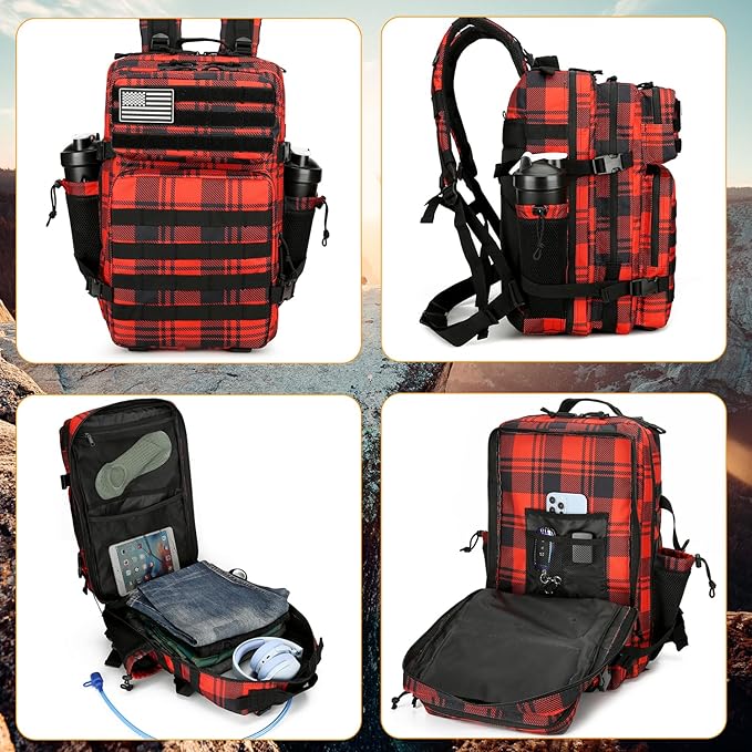 Lovelinks21 25L Tactical Backpack for Men and Women Military Backpack Small Assault Pack Molle Backpack Bug Out Bag Travel Rucksack Daypack (Red Plaid)