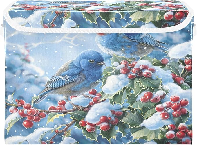 senya Winter Baskets Collapsible Storage Bins with Lids Blue Bird Evergreen Branch Storage Boxes Clothes Baskets for Organizing