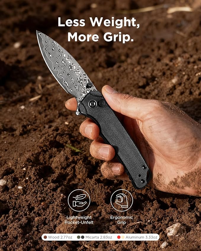 Damascus Folding Pocket Knife 2.99 Blade Micarta Handle Sharp Cool Small EDC Pocket Knives with Clip for Men Women Camping Hiking Survival Outdoor Mini 3080MB (Black)