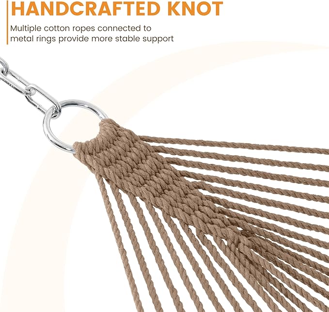 Lazy Daze Hammocks 12FT Double Rope Hammocks 2 Person Hand Woven Cotton Hammock with Spreader Bar Carabiner Tree Strap Chain for Outside FIT 13-15 FT Stand Max 450 Lbs Brown