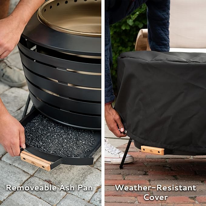 TIKI Patio Smokeless Outdoor Fire Pit 25-Inch Wood-Burning Bonfire with Removable Ash Pan Stand and Weather-Resistant Cover