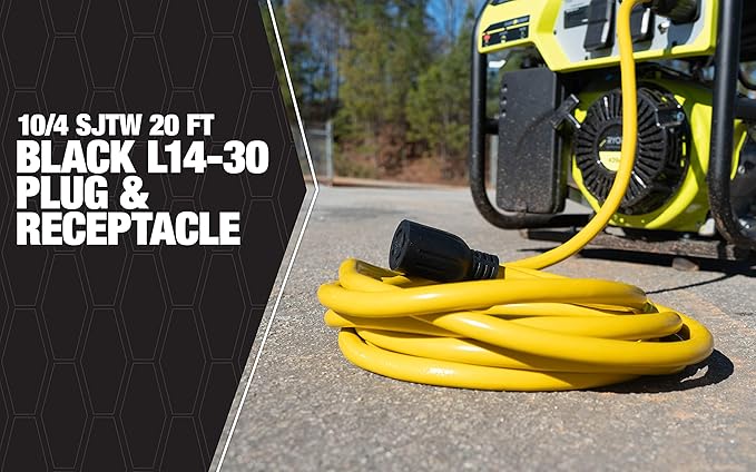 Southwire Generator Cord - 10-Gauge Heavy Duty Electrical Power Cable with L14-30 Locking Plug &amp Receptacle - Dual Voltage 125V/250V - Molded Connectors - Weather Resistant - Yellow &amp Black -