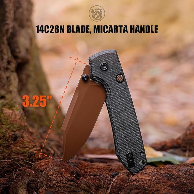 Vosteed Raccoon2.0 Bowie EDC Pocket Knife - 3.25 14C28N Copper Dune Bowie Blade - Top Liner Lock Black Micarta Handle - Camping Surviving Knives - A2926