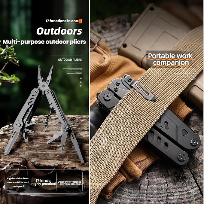 Multi Tool 16-in-1 Full-Size Lightweight EDC Camping Essentials Multi-Purpose Pliers Tools Knives Nylon Bag Tactical Gear Mens Gifts Ideas Gifts for Hunters Men who have Everything Silver