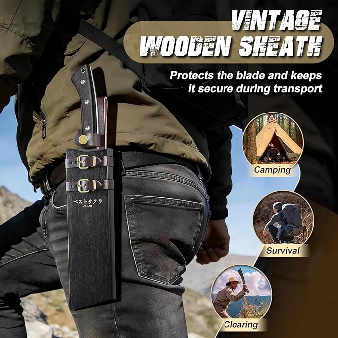Freelander Japanese Machete for Cutting Trees Heavy Duty Full Tang Black Survival Machete Knife with Wooden Sheath for Yard Work Gardening Camping and Bushcraft Gifts for Men