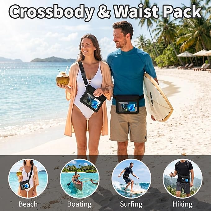 Waterproof Bag Set IPX8 2 Pcs: Black 9.8 Clear Fanny Pack &amp 7 Waterproof Phone Pouch Floating Phone Case Water Proof Dry Bag with Adjustable Strap for Beach Swim Kayak Boat Cruise Essentials
