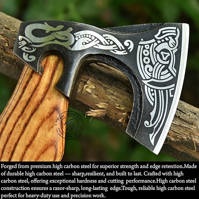 Hand-Forged Engraved Viking Axe Outdoor Camping Hunting Norse Hatchet Axe with Leather-Wrapped Handle &amp Sheath Great for Birthdays Gift Holidays Christmas or Weddings Gift (AXE-02)