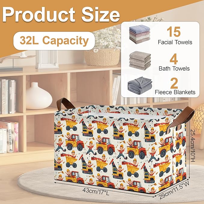 32L Large Storage Bins with Handles Basket Organizer for Shelves Closet Books Laundry &amp Home Decor (Car Excavator)