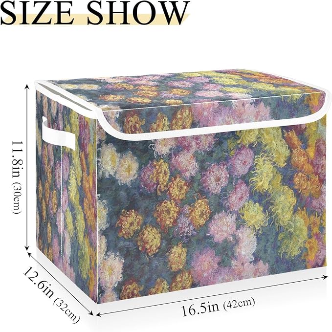 Storage Bins With Lid Stackable Fabric Closet Organizer Clothing Storage Large Boxes For Closet Shelves Bedroom Chrysanthemums Flower Monet